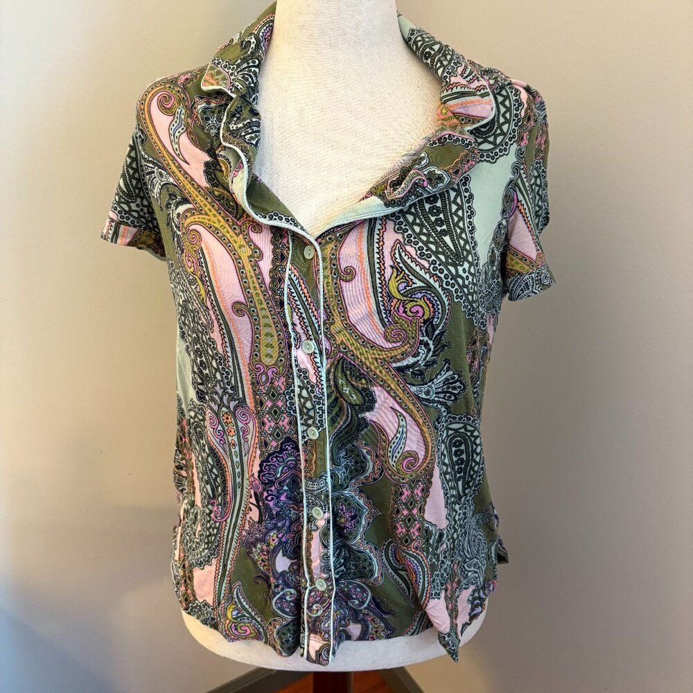Soma Cool Nights Paisley Button Front Pajama Top Short Sleeve Women's Large